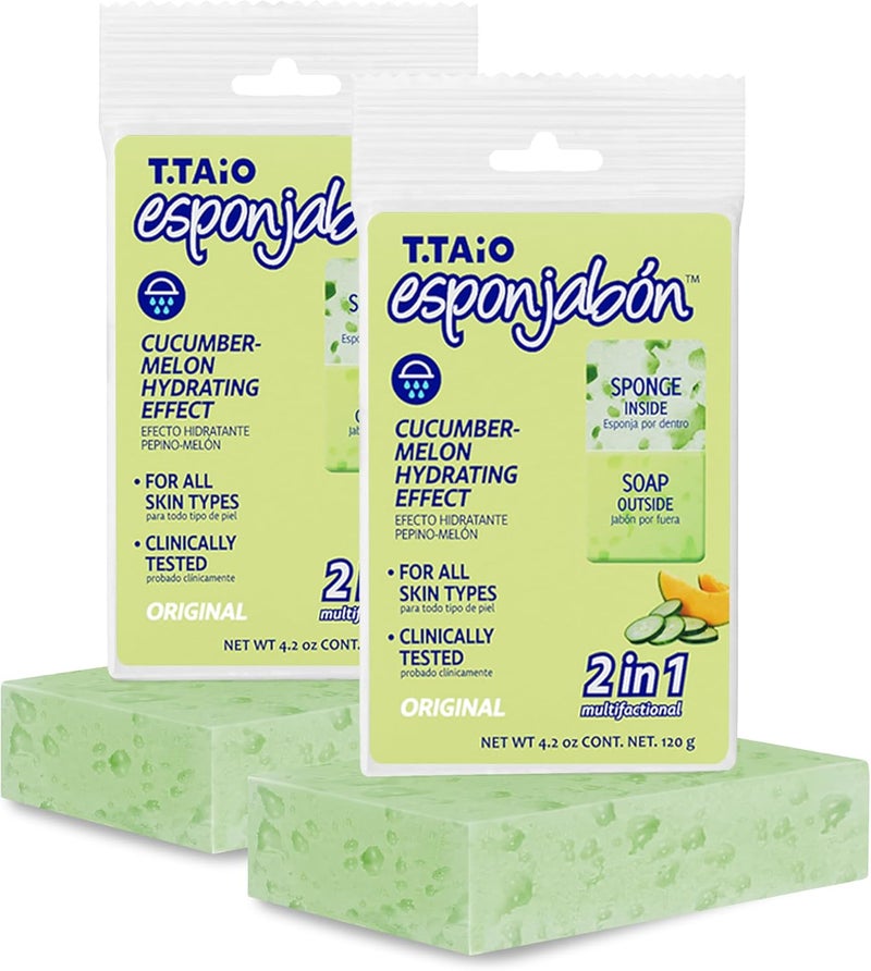 T. Taio Esponjabon Soap Sponge - Cleansing Shower Scrubber - Cleaning Bath Wash Scrub - Oil Removal - Massage & Lather Foot, Elbow, & Face - Bathroom Accessories - Cucumber & Melon Soap - Image 1
